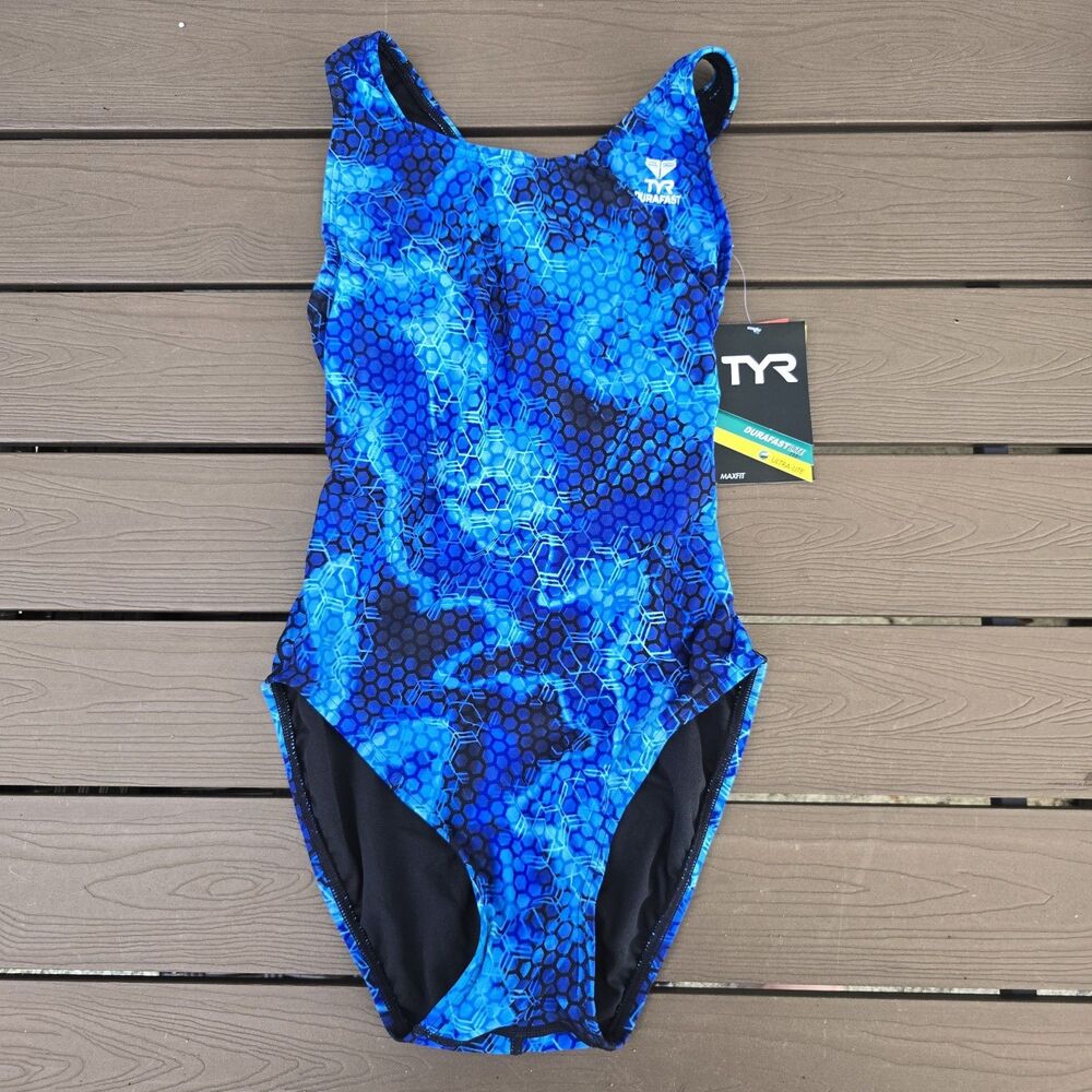 TYR Women's Durafast Blue Enigma Maxfit One piece Swimsuit Sz 34 New
